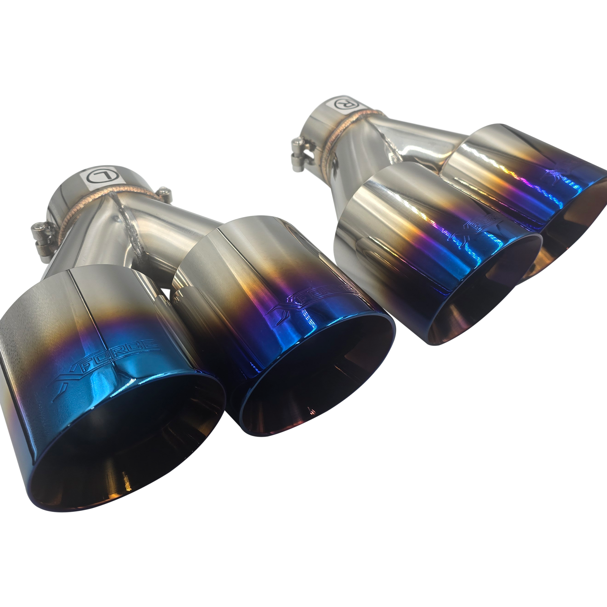 Twin 4Inch Round Burnt Blue Angle Cut Tip with 3" Inlet