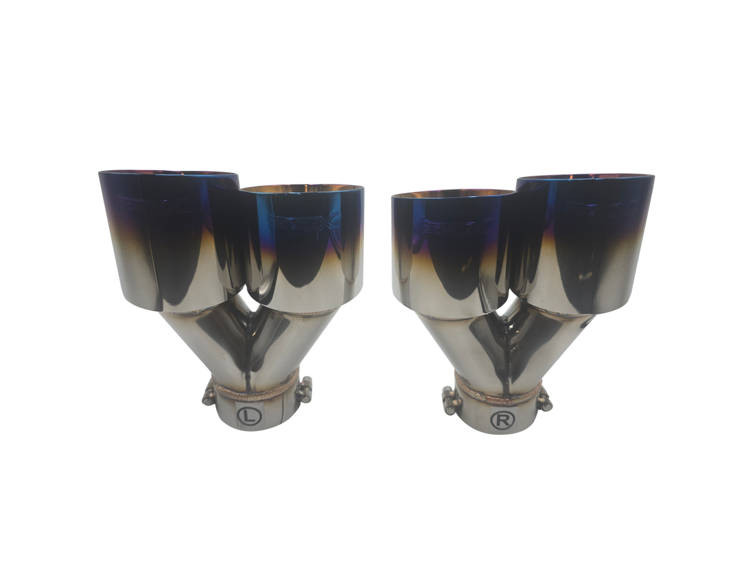Twin 4Inch Round Burnt Blue Angle Cut Tip with 2.5Inch Inlet