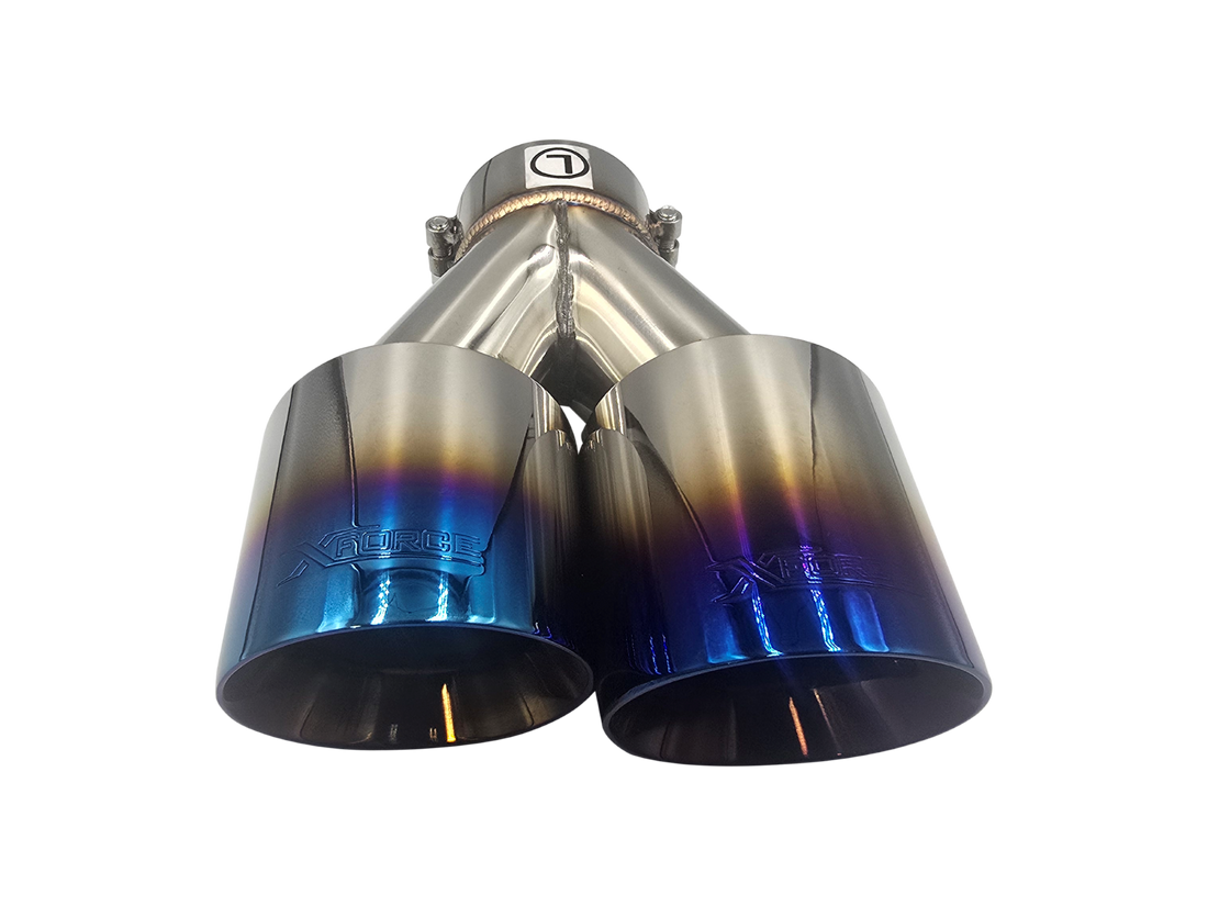 Twin 4Inch Round Burnt Blue Angle Cut Tip with 3Inch Inlet for Right Hand Side